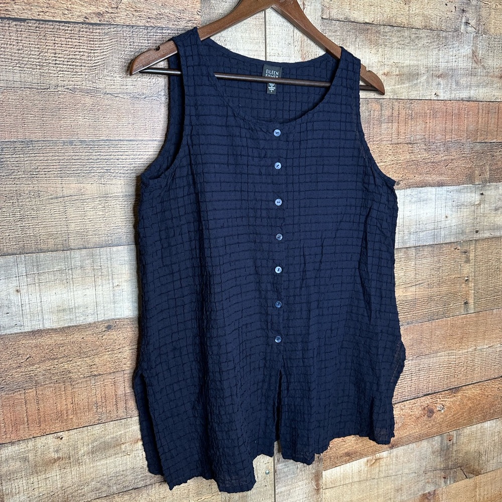 Eileen Fisher Navy Sleeveless Button Cotton Voile L